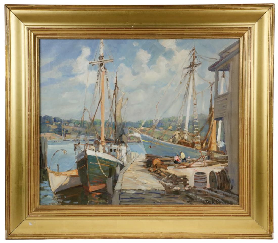 JAMES KING BONNAR (MA, 1883/85-1961): Gloucester Harbor, oil on linen, signed lower right, depicting trawlers at the stone pier, in a gold molded ogee frame, OS: 27 1/2" x 31 1/2", SS: 19 1/2" x 23 1/2". Stretcher impression, chipped fram