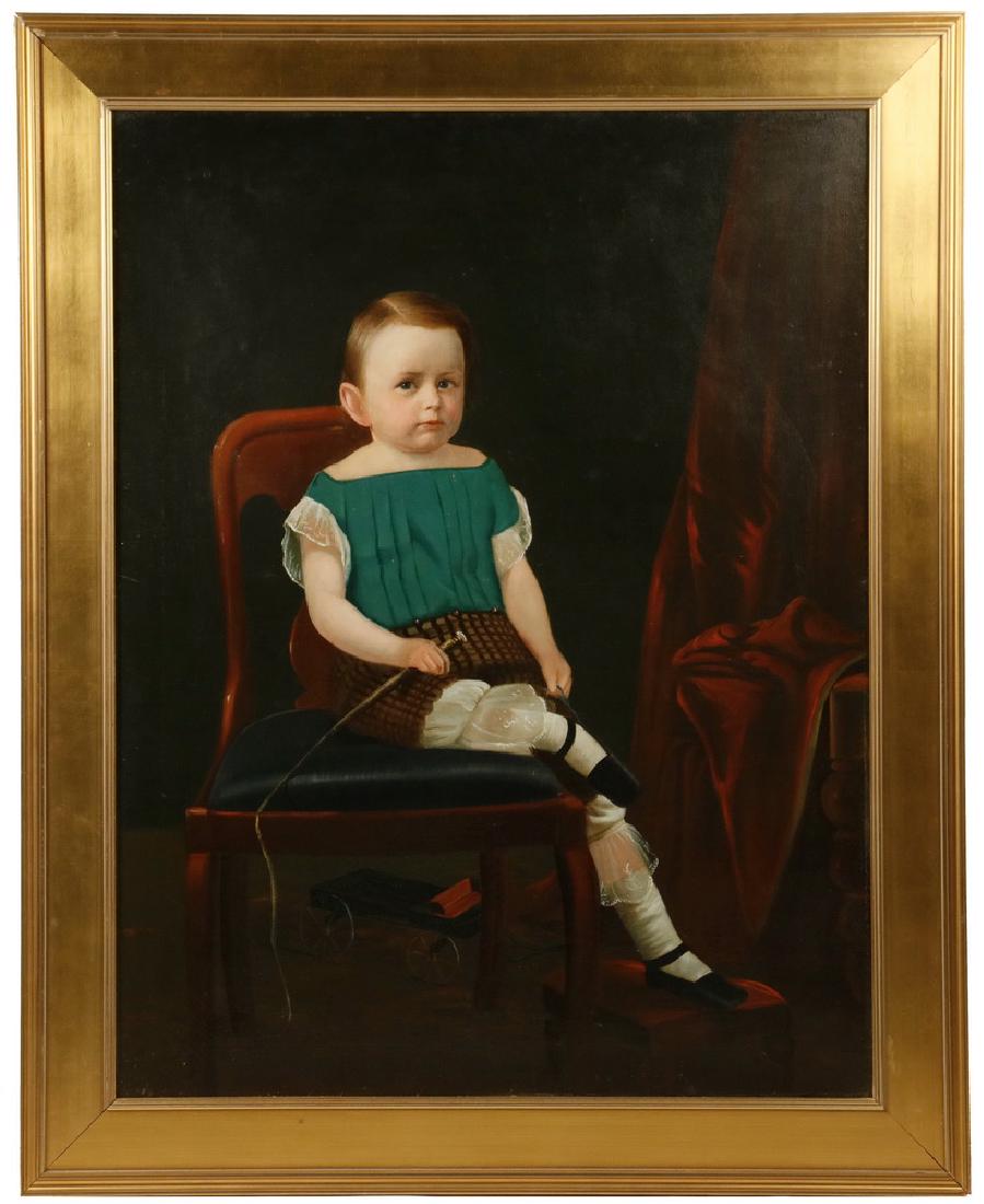 19TH C. BOSTON SCHOOL PORTRAIT: Life-Sized Portrait of a Young Red Haired Boy holding a buggy whip, seated in a chair with his toy wagon on the floor, plush red drapes to the right, oil on canvas, unsigned, in a gilt molded panel fr