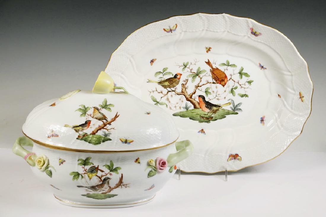 (2) HEREND ROTHSCHILD BIRD SERVING PIECES: Herend Hungarian Porcelain Large Lidded Tureen and Oval Serving Platter, Rothschild Bird Pattern, blue Herend mark on bases, tureen with lemon form finial, and applied rose decoration at handle termin