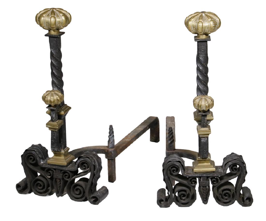 PAIR OF ANDIRONS ATTRIBUTED TO SAMUEL YELLIN: Important Pair of Bronze and Wrought Iron Andirons, circa 1915-1925, of bold dynamic form and proportions in the style of master Philadelphia ironsmith Samuel Yellin, in pristine unrestored condition,