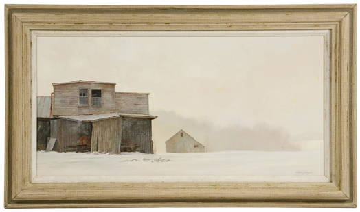 A. HALE JOHNSON (CONTEMPORARY MA/ME/NJ): Winter Mill, oil on canvas, signed lower right and verso, in bleached wood frame with white liner, OS: 16 1/2" x 28 1/2", SS: 11 1/2" x 23 1/2". Image fine, mildew to back of canvas.
