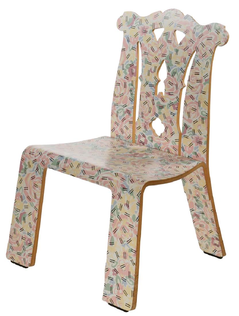 POST-MODERNIST LAMINATED CHAIR BY VENTURI FOR KNOLL: Rare "Grandmother's Tablecloth" iteration of the Chippendale chair by Robert Venturi and Denise Scott Brown for their series of historically referential chairs, 1984, produced by Knoll International,