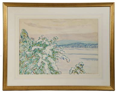 ALLEN TUCKER (NY, 1866-1939): "Castine Harbor, Winter", watercolor on paper, signed lower right and dated 1937, titled on gift card to Richard Tucker, verso dated April 7, 1969. In water gilt molded frame, in a French-lined mat, g