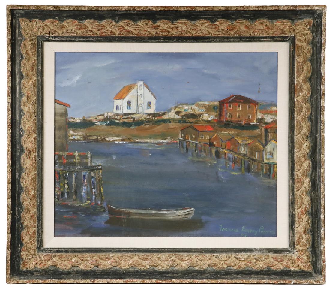 FRANCIS EMORY PURVIN (TX, 1918-1971): Harbor Church, oil on canvas, signed lower right and dated '65, in a hand carved fatigued silver and black labeled Heydenryk frame with linen liner, OS: 29" x 33", SS: 19 1/2" x 23 1/2". Fine conditio