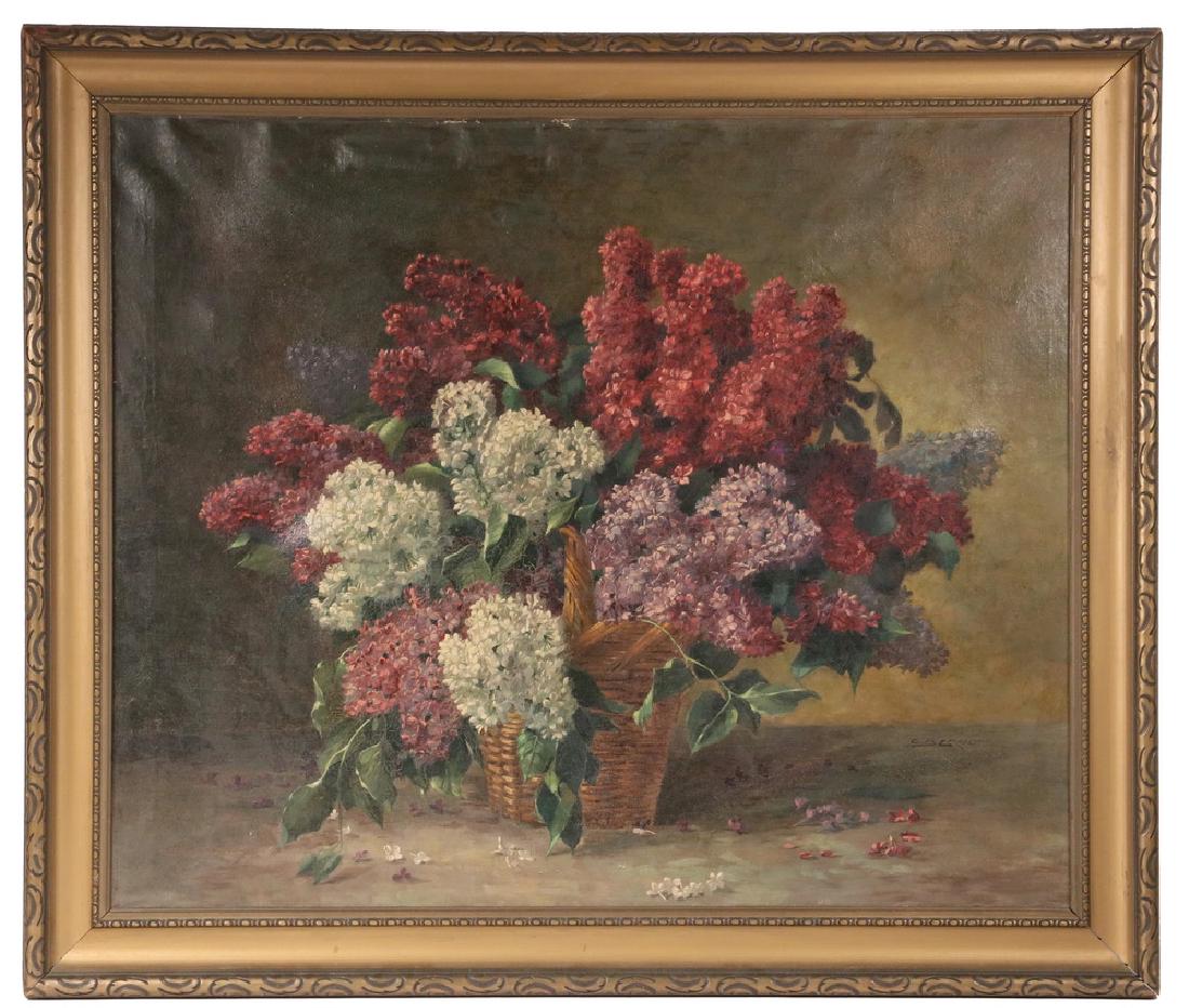 CARL BERNDT (GERMANY, 1878-1950): Still Life of Lilacs in a Basket, circa 1925, oil on canvas, signed lower right, in the original carved gold painted frame, OS: 33 1/2" x 39 1/2", SS: 27 3/4" x 18 3/4". Ripples.