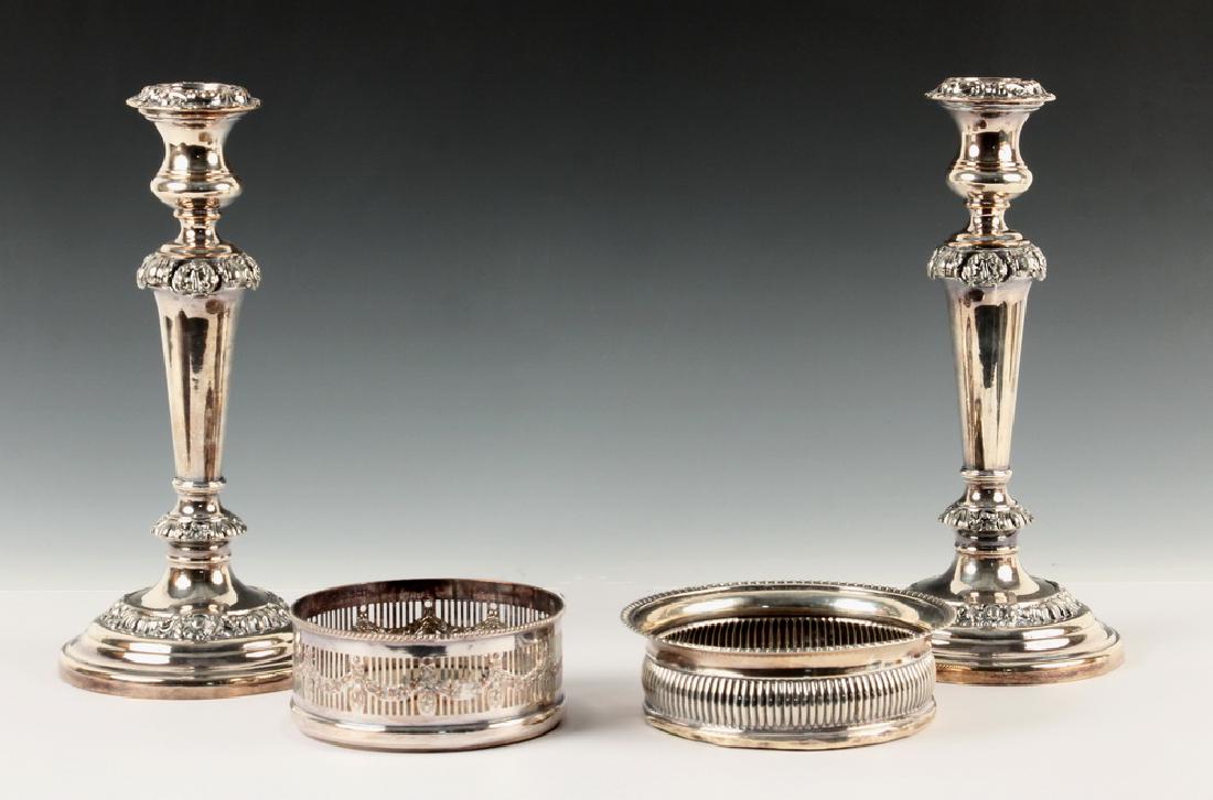 (4 PCS) SILVER ON COPPER ACCESSORIES: Group of (4) Silver on Copper Decorative Items, including: Pair of late 19th c. tapered baluster form candlesticks, repousse wreath design decoration to base, stem and drip pans, weighted bases, unmar