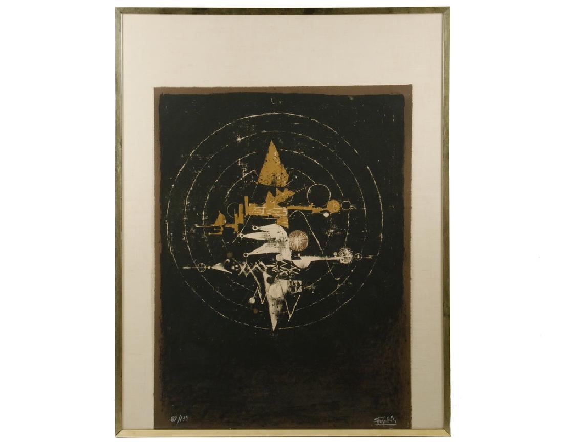 JOHNNY GOTTHARD FRIEDLANDER (FRANCE/POLAND, 1912-1992): "Europhalia", lithograph, signed and numbered 89/175, in brass box frame, floated over linen backing, glazed, OS: 37" x 29", sheet size: 29 3/4" x 22 1/4". Good condition, spots on back of glass, not 