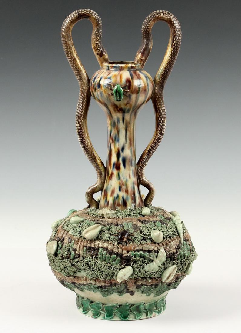 PORTUGUESE PALISSY WARE VASE: Late 19th c. Portuguese Glazed Pottery Palissy Ware Vase, in the manner of Manuel Mafra (Caldas, 1865-87), with snake form handles, double gourd form shape, mottled glaze with raised seashells, insect