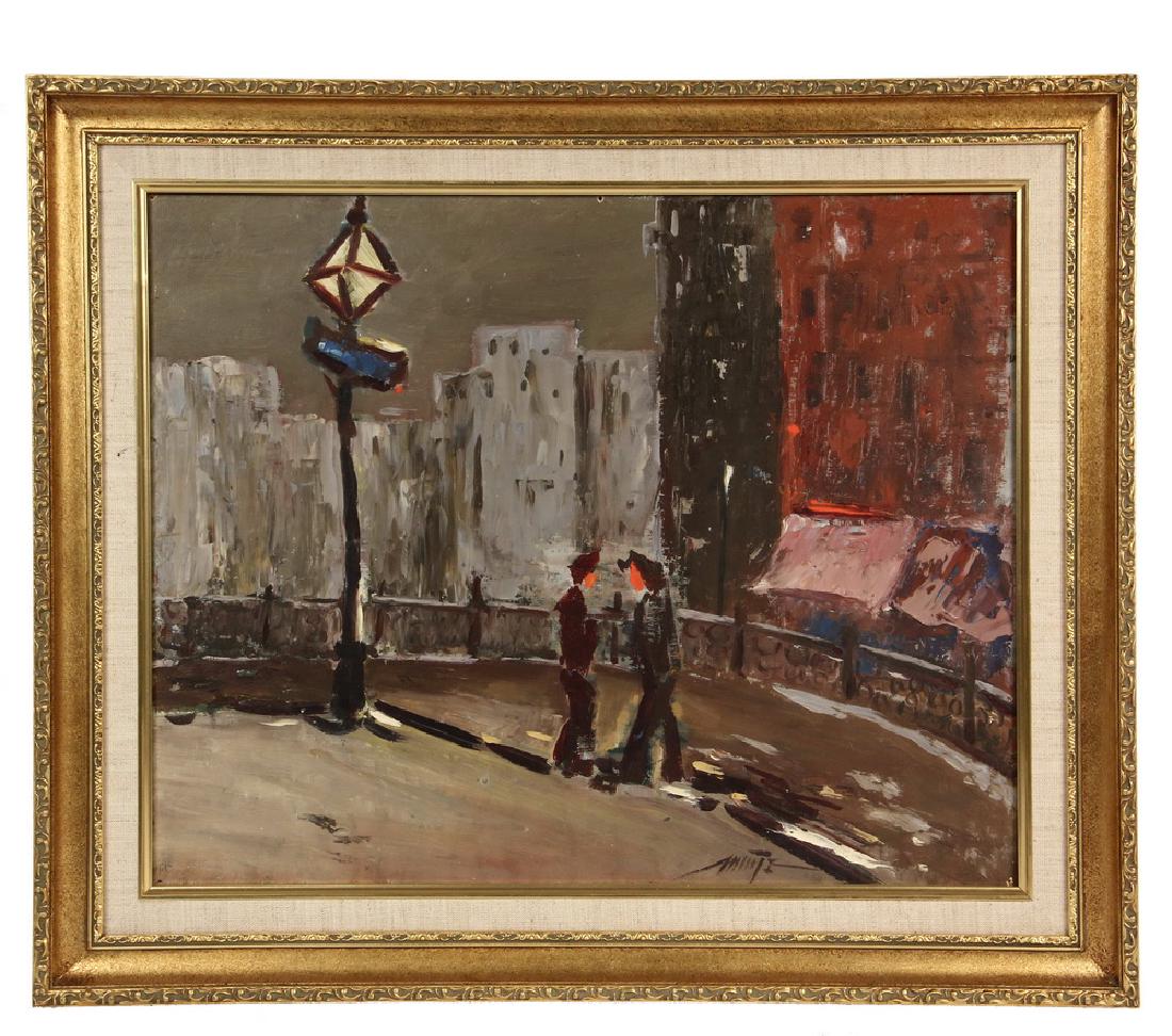 DAVID W. WHITE (ME, 1896-1988): "Lower St Catherine (sic), Canada, '55", oil on hardboard, signed lower center, inscribed "Dave White, Bowdoinham" on label with title and date, also marked in chalk "Harpswell Art Show, Aug '56". Dep
