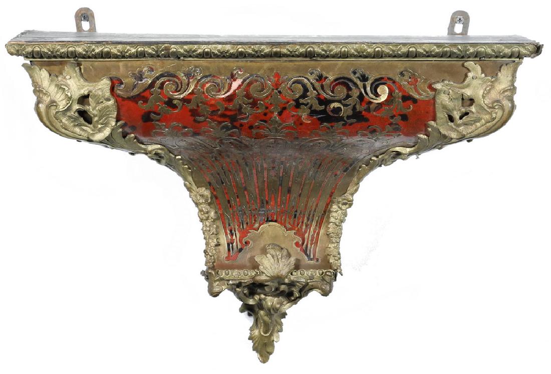 19TH C. FRENCH BOULE CLOCK BRACKET: Ogee Wall Mount Bracket in faux tortoiseshell with brass inlay and gilt bronze ormolu mounts and molding, 14 1/2" x 19 1/2" x 8 1/2". Missing one piece of brass molding on one side.