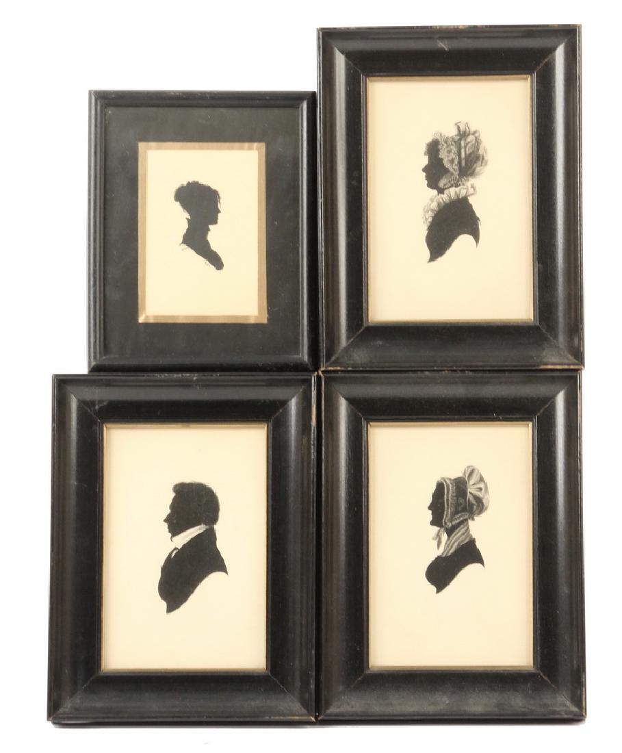 (4) FRAMED ANTEBELLUM NEW ENGLAND SILHOUETTES: All in cut paper with ink detailing, (3) in matching black cove frame with identities on back, (1) in black stick frame, unidentified, including: "Jane Elliott...Mrs. Nichol, Died 27th July, 1844 (Fla