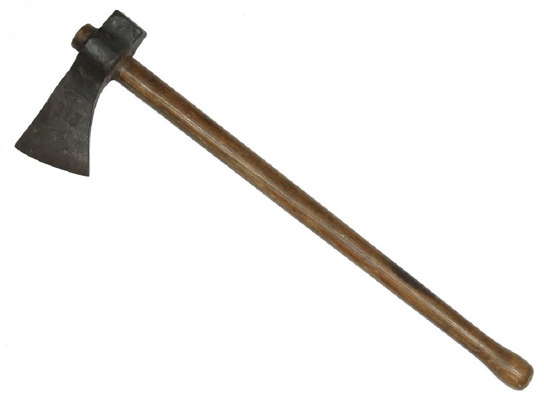 TOMAHAWK HATCHET: Late 19th to early 20th c. Throwing Hatchet with later hickory knob end handle, hammer backed for balance, stamped with a running fox and "RIVA--" (possibly Rivard?) above the number '213'. 6 3/4" bla