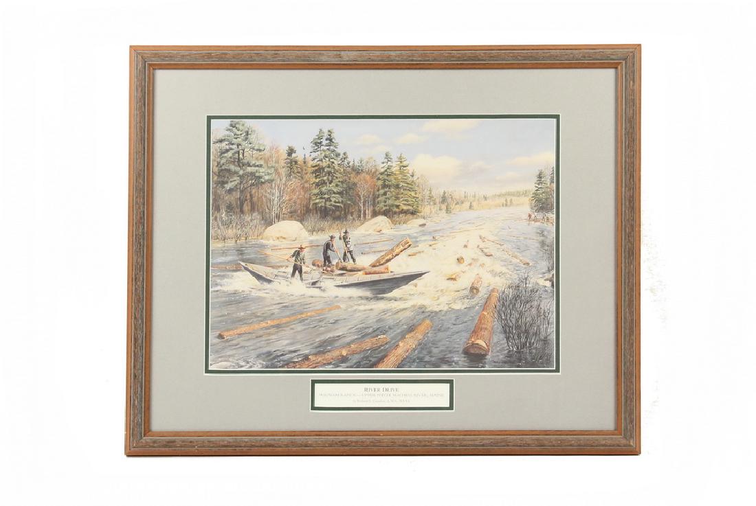 ROBERT E. GOODIER (ME, 1925 - ): "River Drive, Wigwam Rapids, Upper Pitch, Machias River, Maine", offset litho, in walnut frame, matted and glazed, OS: 21" x 26", SS: 13" x 17 1/2". Good condition.