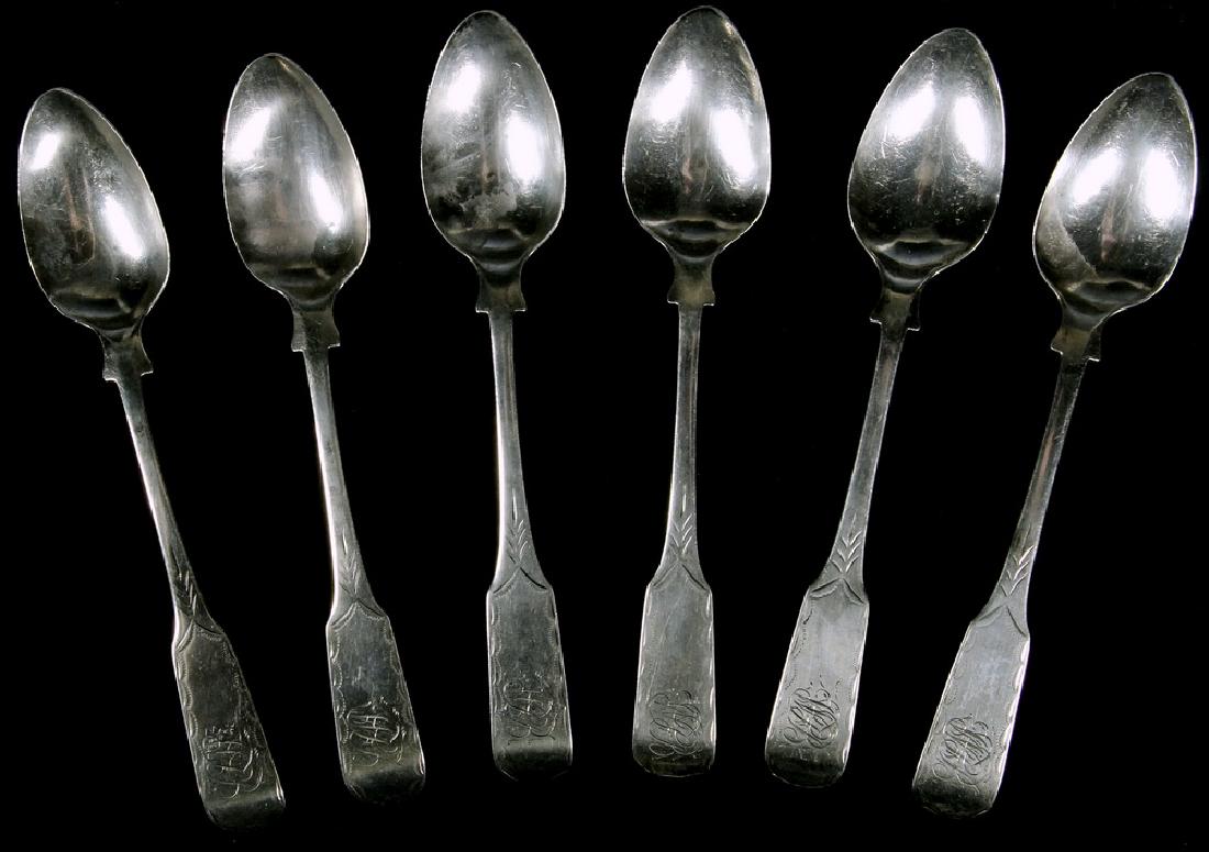 (6) ENGRAVED COIN SILVER TEASPOONS: Set of (6) Early American Coin Silver Teaspoons, possibly by Amos Munson (New Haven, CT, 1753-1783), each with engraved handle and monogram 'ELM', maker's mark 'AM' in rectangular cartouche, 5 7/8" lo