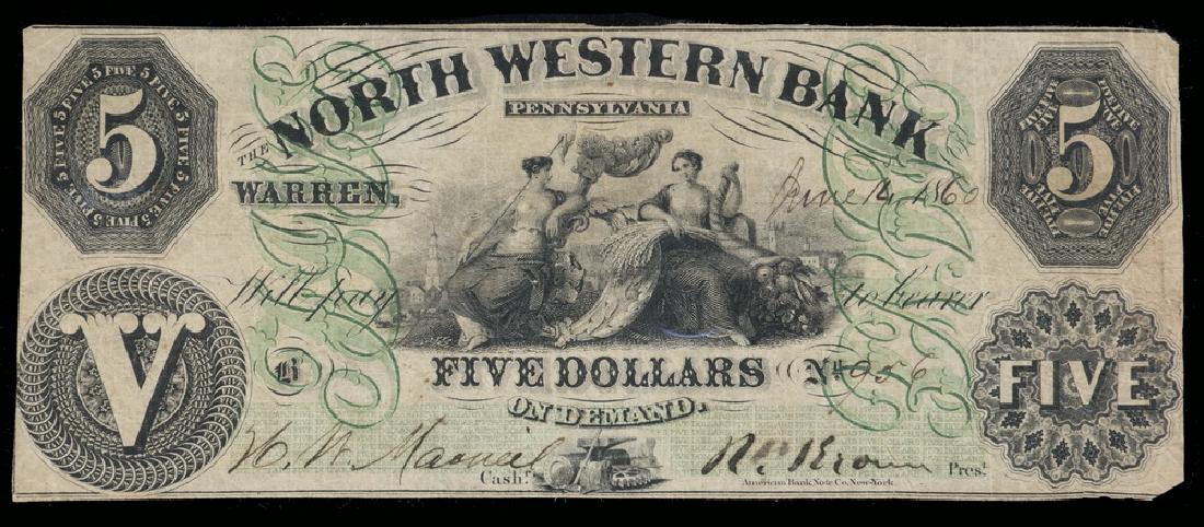 The State of Pennsylvania $5 Dollar Bank Note: The State of Pennsylvania $5 Dollar Bank Note, #956, North Western Bank, Warren.