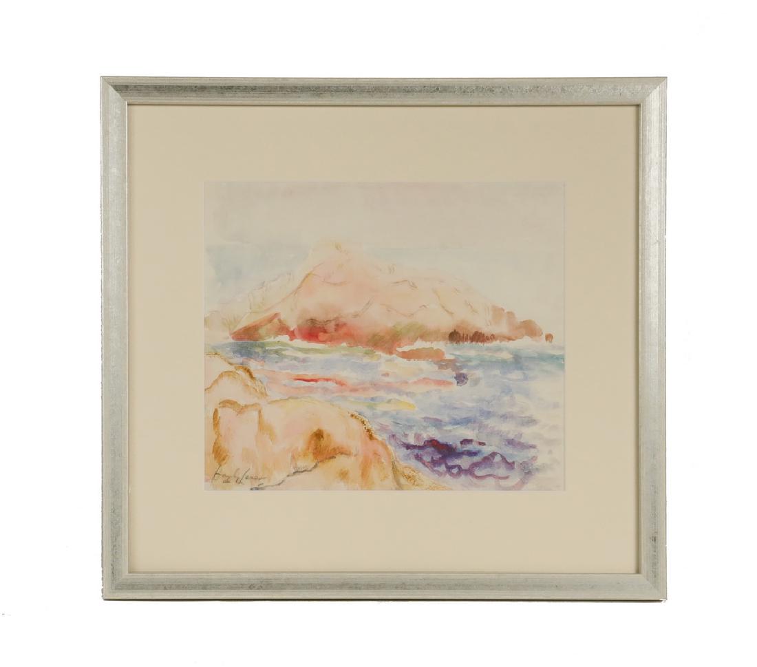 HAYLEY LEVER (NY/MA/UK, 1876-1958): "Rocks and Surf" (Monhegan, Maine), watercolor on paper, signed lower left, matted under UV glass, in silver leaf box frame, OS: 16" x 17 1/4", SS: 9 1/2" x 11". Fine condition.