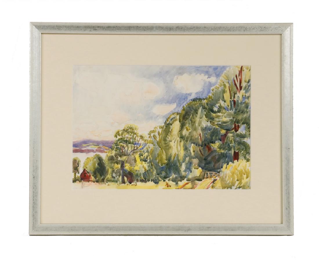 HAYLEY LEVER (NY/MA/UK, 1876-1958): Tree Line Above Lake, Vermont, watercolor on paper, initialed lower left, matted under UV glass, in silver leaf box frame, OS: 15 1/2" x 19 1/2", SS: 9 1/4" x 13 1/4". Fine condition.