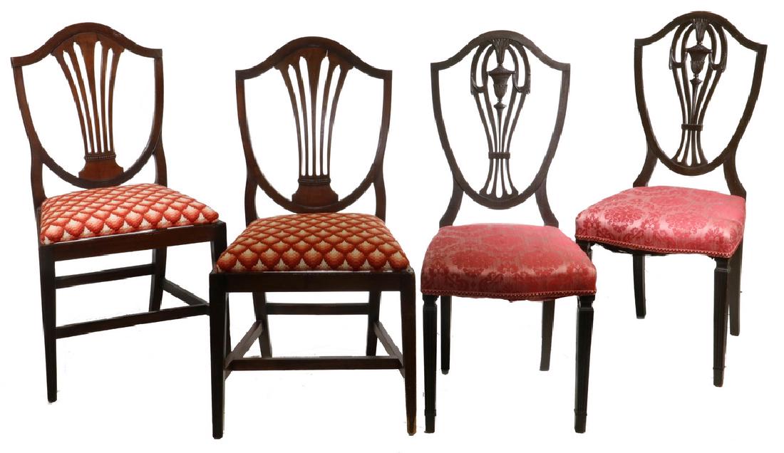 (4) SIDECHAIRS: Group of (4) c. 1920s Sidechairs, including: Pair of Hepplewhite style mahogany shield back chairs with pierced splats, H-stretcher base, and drop in needlepoint covered seat, 38" high, 19 2/3" x 20 3