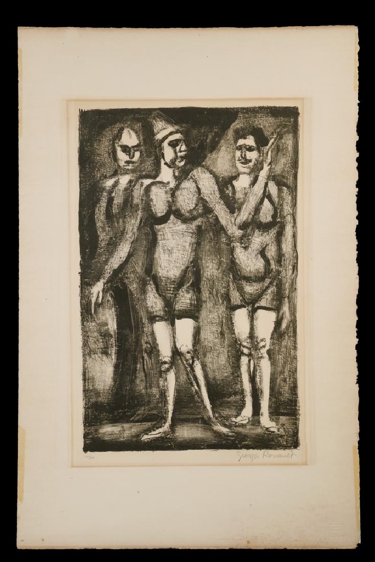 GEORGES ROUAULT (FRANCE, 1871-1958): "Le boniment du clown" (The Clown's Spiel), lithograph on paper, pencil signed and numbered 28/50, published by Edmond Frapier 1926, Galerie des Peintres-Graveurs Paris, plate from "Maitres et petits