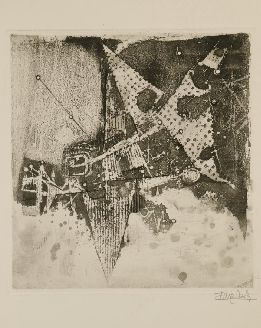 JOHNNY GOTTHARD FRIEDLAENDER (FRANCE/POLAND, 1912-1992): "L'Oiseaux", aquatint etching on BFK Rives paper, pencil signed, titled verso in the artist's hand, unframed, loose, Impression: 8" x 7 1/2", Sheet size: 19 3/4" x 12 3/4". Edge toning and soiling, sh