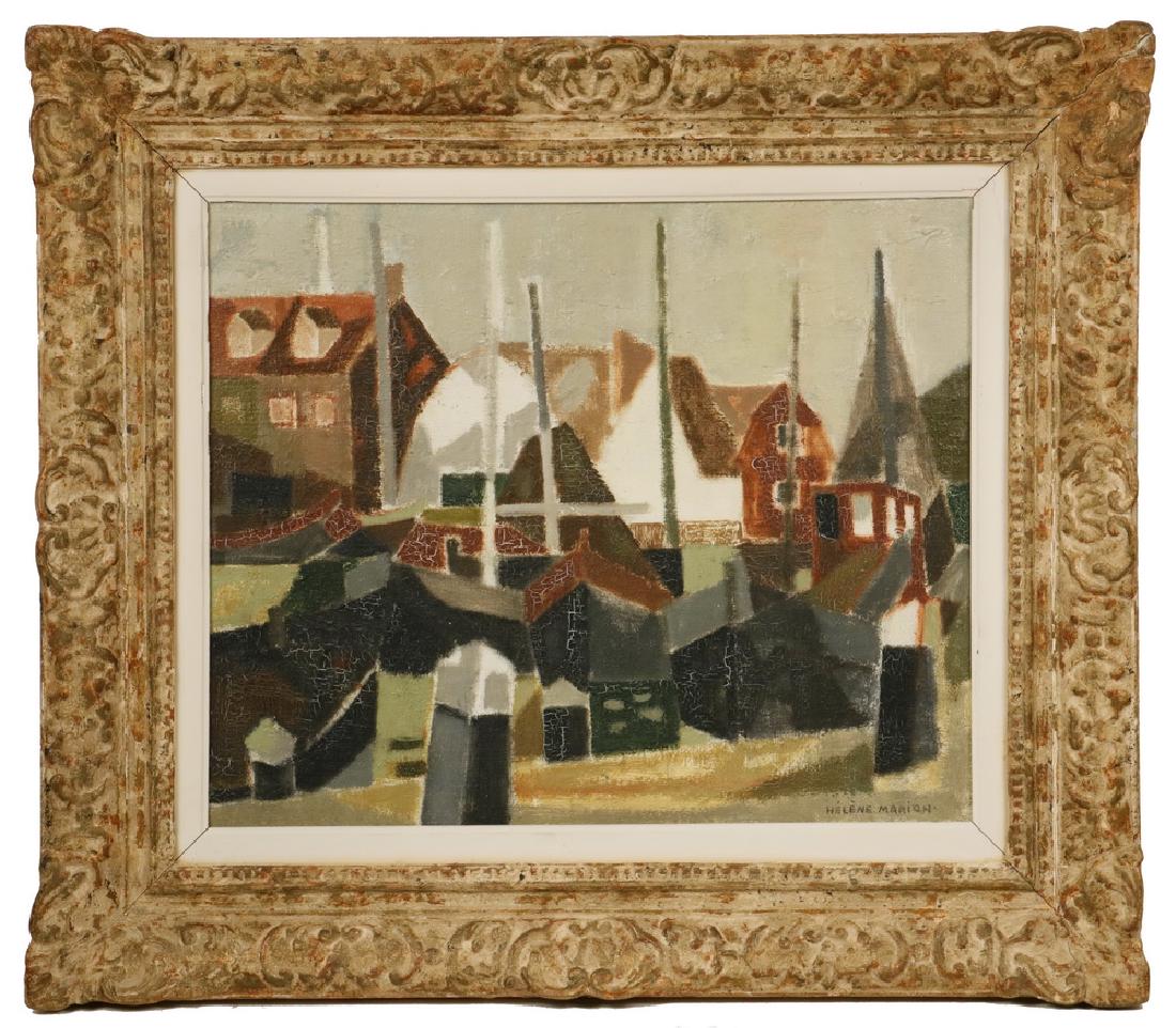 HELENE MARION (FRANCE, 1920 - ): "Les Bateaux Noirs", oil on coarse linen, signed lower right, signed and titled verso, in a gold Impressionist frame with white liner, OS: 22" x 25", SS: 14 1/2" x 17 1/2". Light craquelure. Provenanc