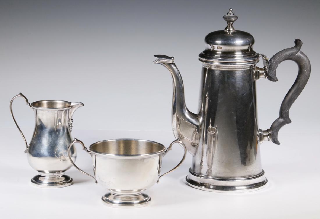 (3 PCS) FRANK M. WHITING STERLING SILVER HOLLOWARE: (3) Mid-20th c. Sterling Silver Beverage Serving Pieces by Frank M. Whiting Co. (North Attleboro, MA, 1848-1940), including: Coffee pot, George II reproduction, #795, tapered cylinder design with wood