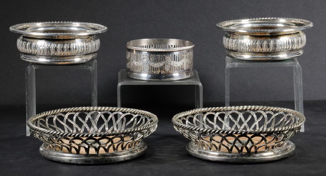 (5) SILVER-PLATED WINE COASTERS: Group of (5) Vintage English Silver-plated Wine Coasters, with wooden centers, felted bases, including: Pair of basketweave design silver over copper wine coasters with twist design rims, late 19th -