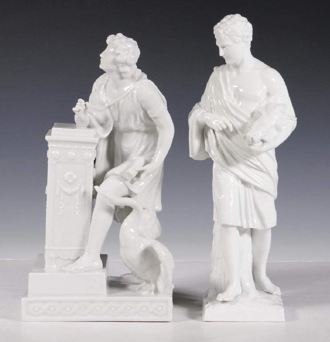 (2) GERMAN BLANC DE CHINE PORCELAIN FIGURINES: (2) German Figurines Depicting Classical Subjects, 20th c., including: KPM figure of Meleager holding a boar's head, blue sceptre mark on base, also impressed '1220' and 'K', 8 3/4" high, 3 1/2" x 3 3