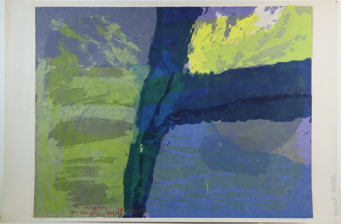 SISTER MARY CORITA KENT (MA/CA/IA/CANADA, 1918-1986): "The envelopes are on all the fruit trees", 1961 serigraph, pencil signed, the text from Gertrude Stein. Unframed, loose, 22" x 29" image on 23" x 34" sheet. Handling dimples, stamped in the margin by