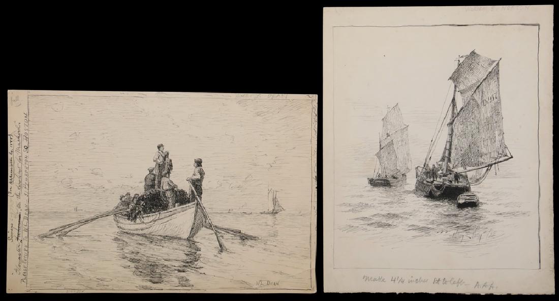 (2) 19TH C BOSTON MARINE PEN & INK DRAWINGS: Both unframed, loose, including: "Gloucester Seiners" or "The Lookout for Mackerel" by WALTER LOFTHOUSE DEAN (MA, 1854-1912), signed, with notes indicating this is from the painting he did exhibited f