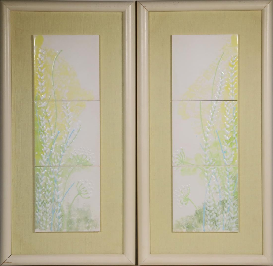 PR HARRIS STRONG (ME/NY, 1920-2006) ART TILE PANELS: Pair of Custom Framed Decorative Three-Tile Groups by Artist and Ceramicist Harris Strong, c. 1970 (after he moved to Maine), depicting delicate relief floral images in shades of cream, yellow and pal
