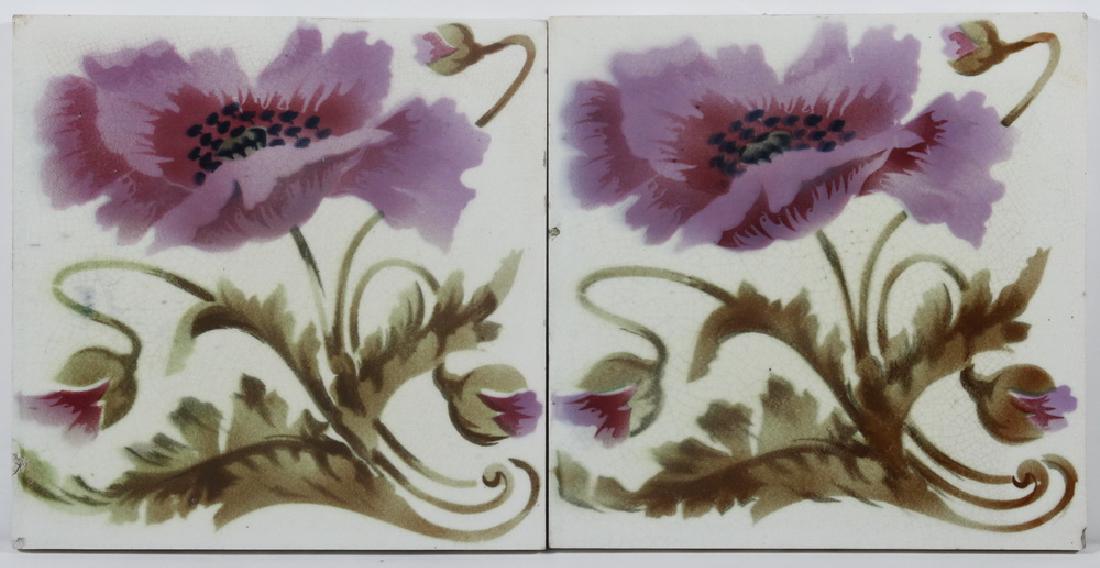 PR OF POPPY DESIGN TILES: Pair of Early 20th c. Art Nouveau Ceramic Tiles, with multicolor poppy design, possibly by Henry Richards Tile Co. Ltd, Tunstall England (1903-31), poppies painted in shades of lavender, mauve, green 