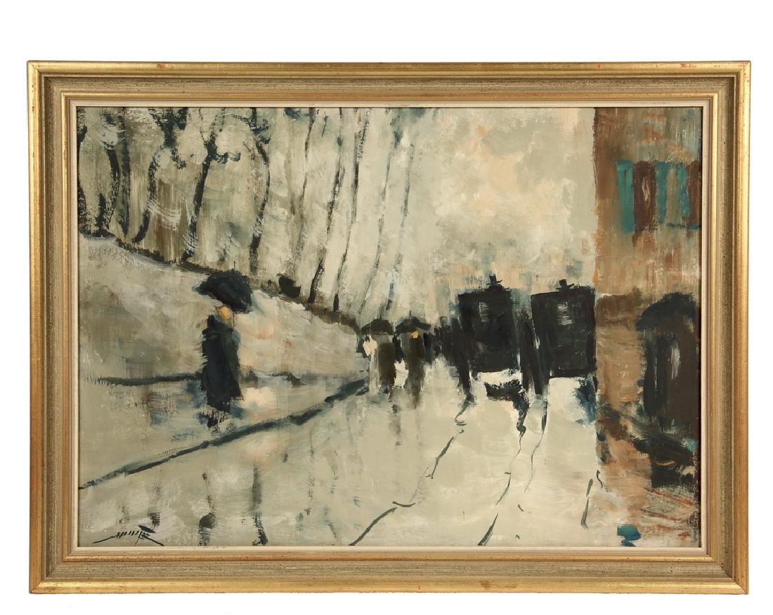 DAVID W. WHITE (ME, 1896-1988): Montreal in the Rain, oil on plywood, signed lower left. A view of a street with carriages and pedestrians, row of trees on left. Found with another version of the same view that was identified. In go