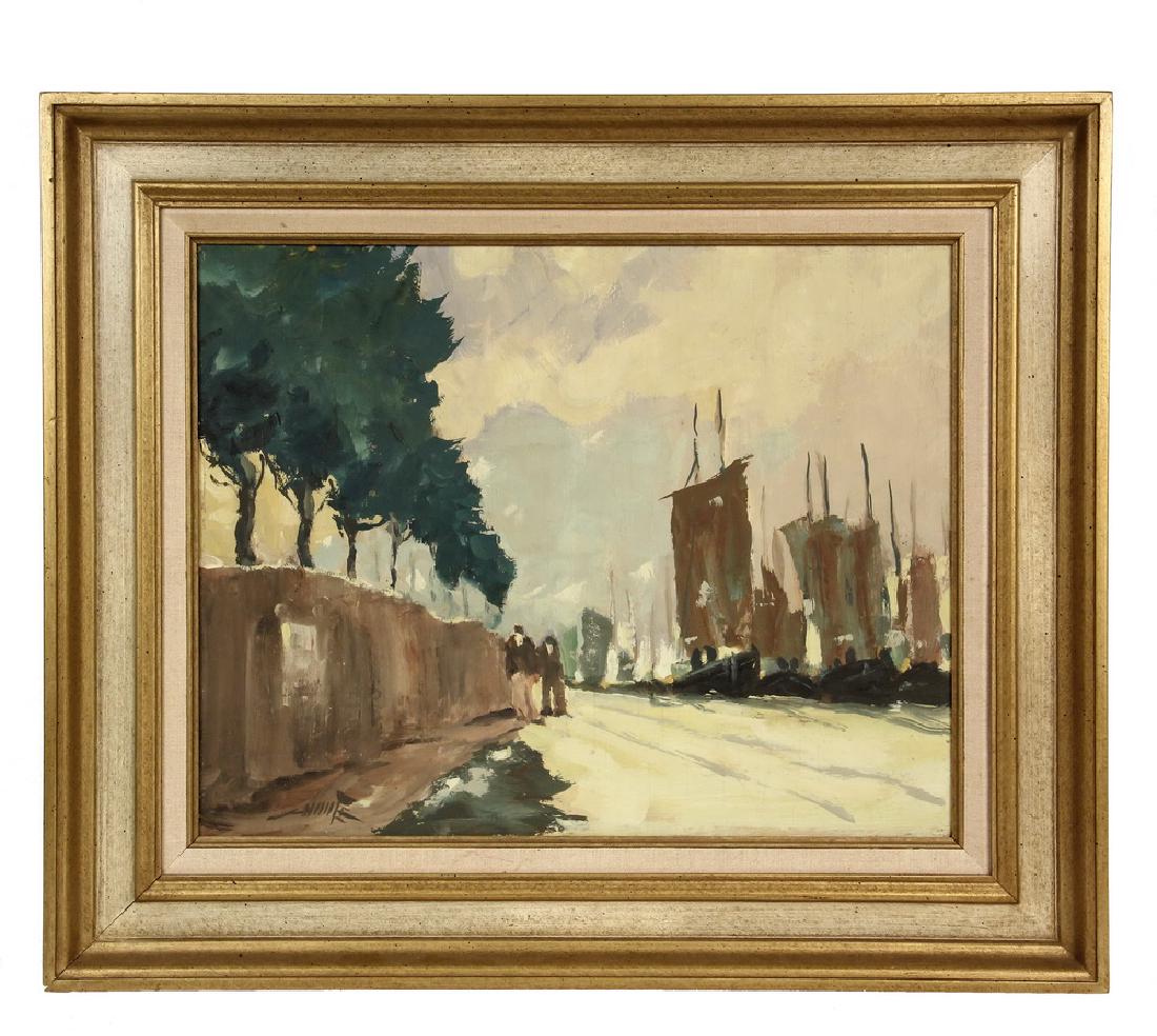 DAVID W. WHITE (ME, 1896-1988): Two Frenchmen on a Harbor Road, oil on plywood, signed lower left, inscribed verso "To John, with Best Wishes." In gold and cream molded frame, linen liner. OS: 23" x 27", SS: 15 1/2" x 19 1/2". Small