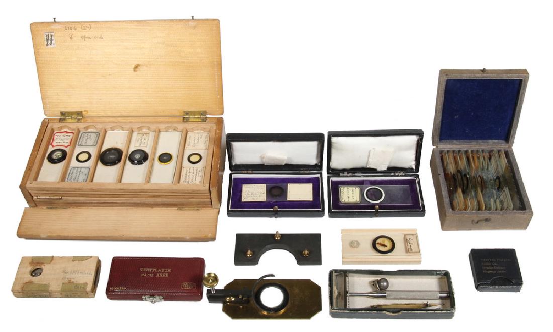 SMALL COLLECTION OF GLASS MICROSCOPE SLIDES: Including: (40) Insect Anatomy in wooden case (some double-stacked); (12) Botanicals in case; individually cased Bat Hair & Borgson Mobulus, Saw Fly; cased Abbe Test Plate by Zeiss; various filters, m