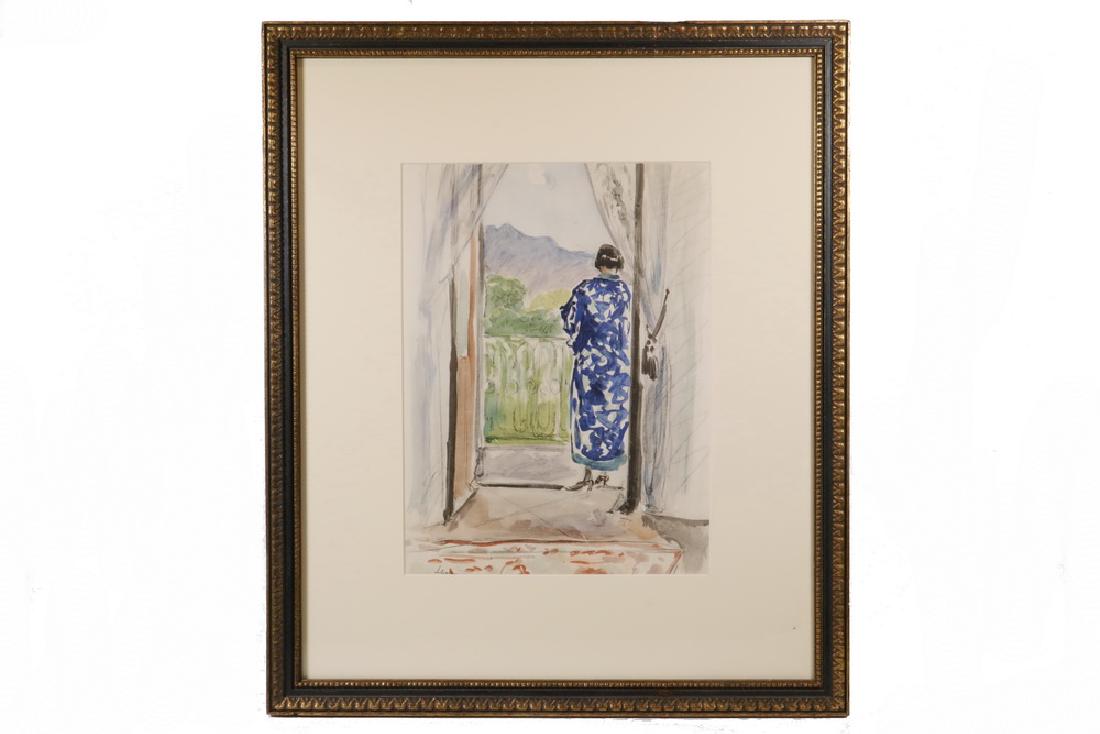 HENRI BAPTISTE LEBASQUE (FRANCE, 1865-1937): Woman in Blue and White Chinese Robe on Veranda, high quality print, laid to board, signed lower left, 22" x 17 3/4" mount, 15 3/4" x 11 3/4" image. Light scratches at bottom.
