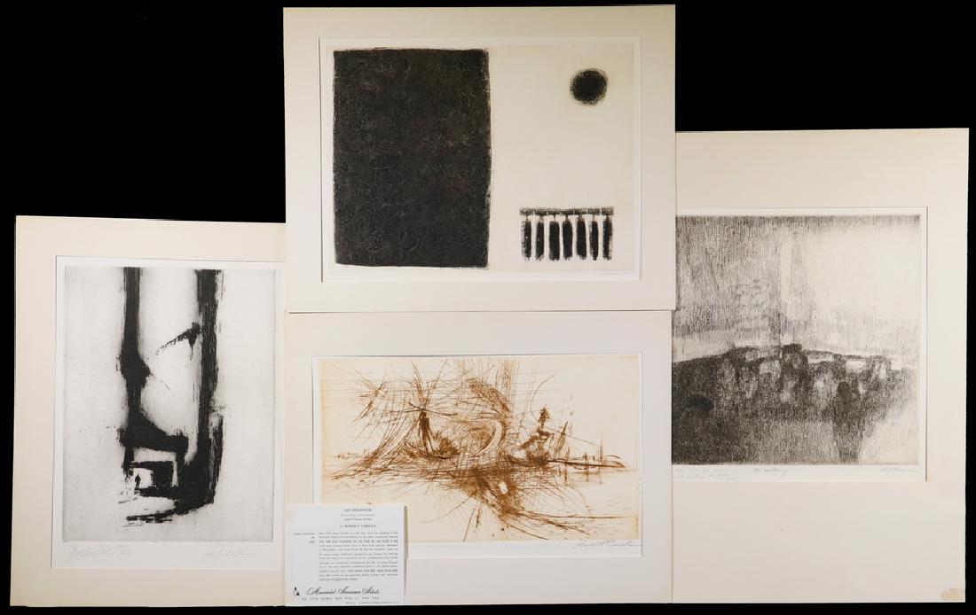 (4) ASSOCIATED AMERICAN ARTISTS PRINTS: All unframed, in mats, including: ROBERT CARIOLA (NY, 1927 - ), "Ad Infinitum", etching, signed, ltd ed 250, 8 3/4" x 14 3/4" imp on 12 3/4" x 17 1/4"; JOSEPH DEMARAIS (NJ, 1927-1971), "What Kind of I