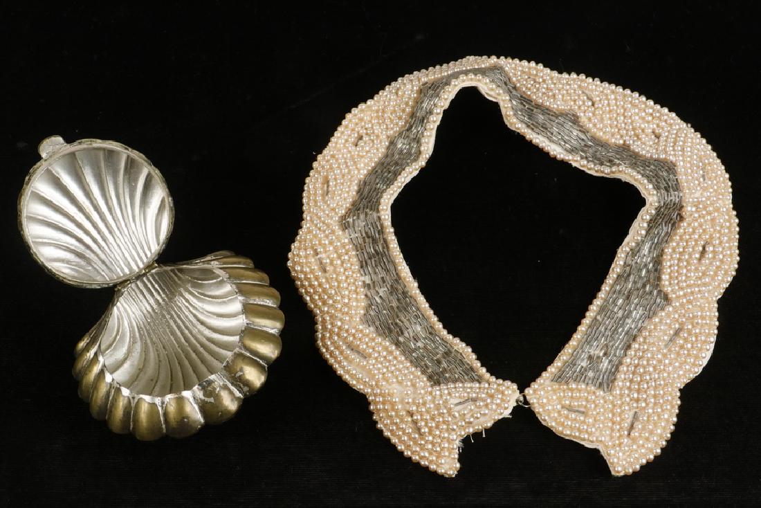 BEADED COLLAR AND SCALLOP FORM BOX: (2) Piece Lot, including: Vintage beaded collar, off white satin backing, 13 1/2" long and Scallop shell form hinged trinket box, 3" x 3", surface wear.