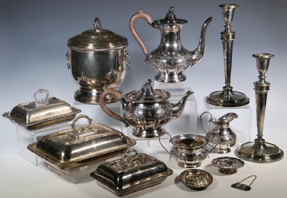 (38) SILVER-PLATE ACCESSORIES: Collection of (38) Pieces of Assorted American and English Silver-plated Items, including: (4) Round serving trays; (2) Rectangular trays, one dented; (2) Large oval meat platters; (1) Child size meat