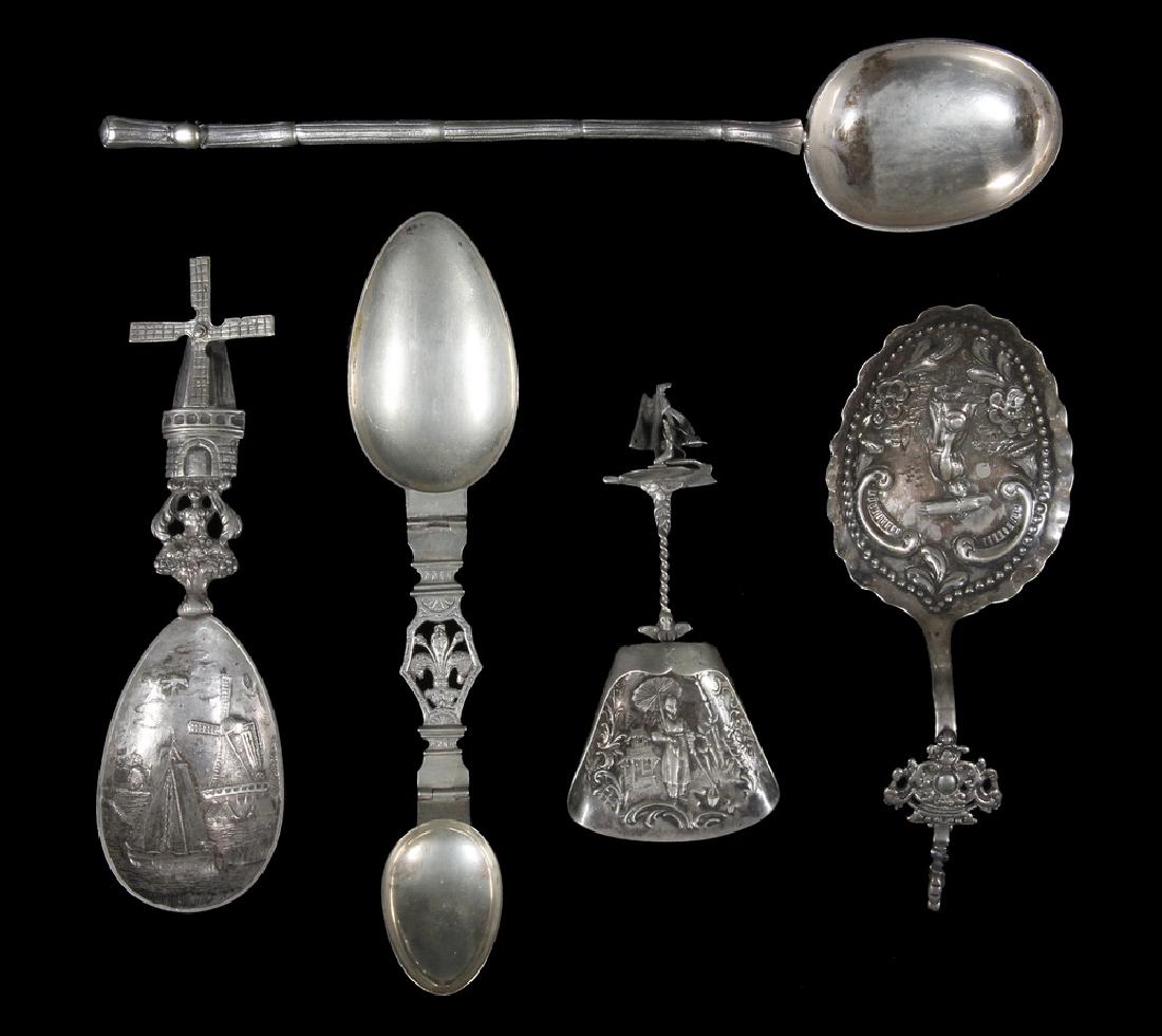 (5) EUROPEAN SILVER SPOONS: Collection of (5) Decorative European Silver Spoons, including: Dutch .833 silver spoon with squirrel and medallion handle and repousse figural decorated bowl, 1889 date mark, Amsterdam city mark, 5 1