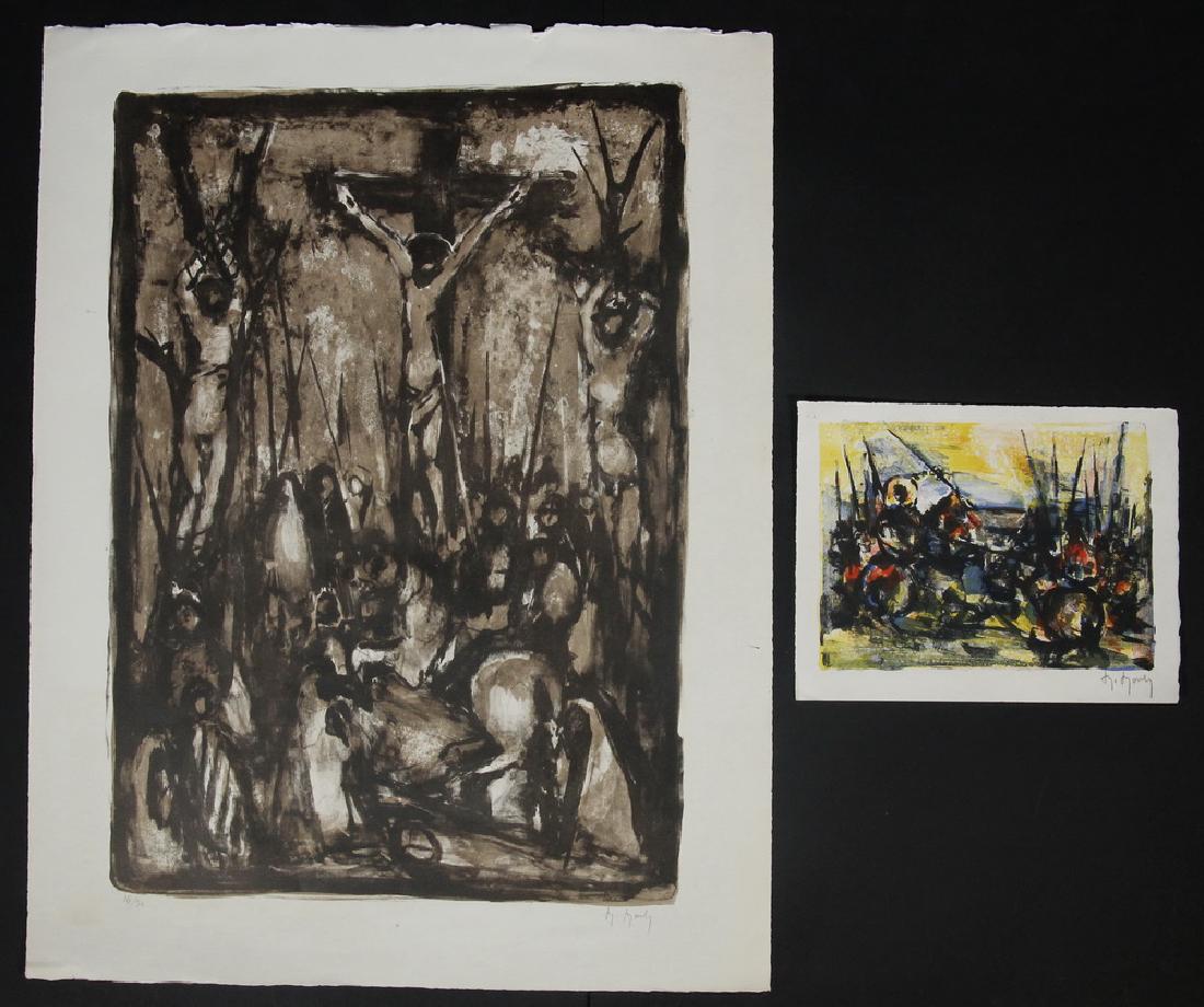 MARCEL MOULY (FRANCE, 1918-2008): (2) Lithographs, both unframed, including: The Crucifixion, pencil signed, numbered 14/30, sheet size: 25 1/2" x 19 3/4", image size: 22" x 19 3/4", small edge tears; PLUS Saint in Battle, pencil sign