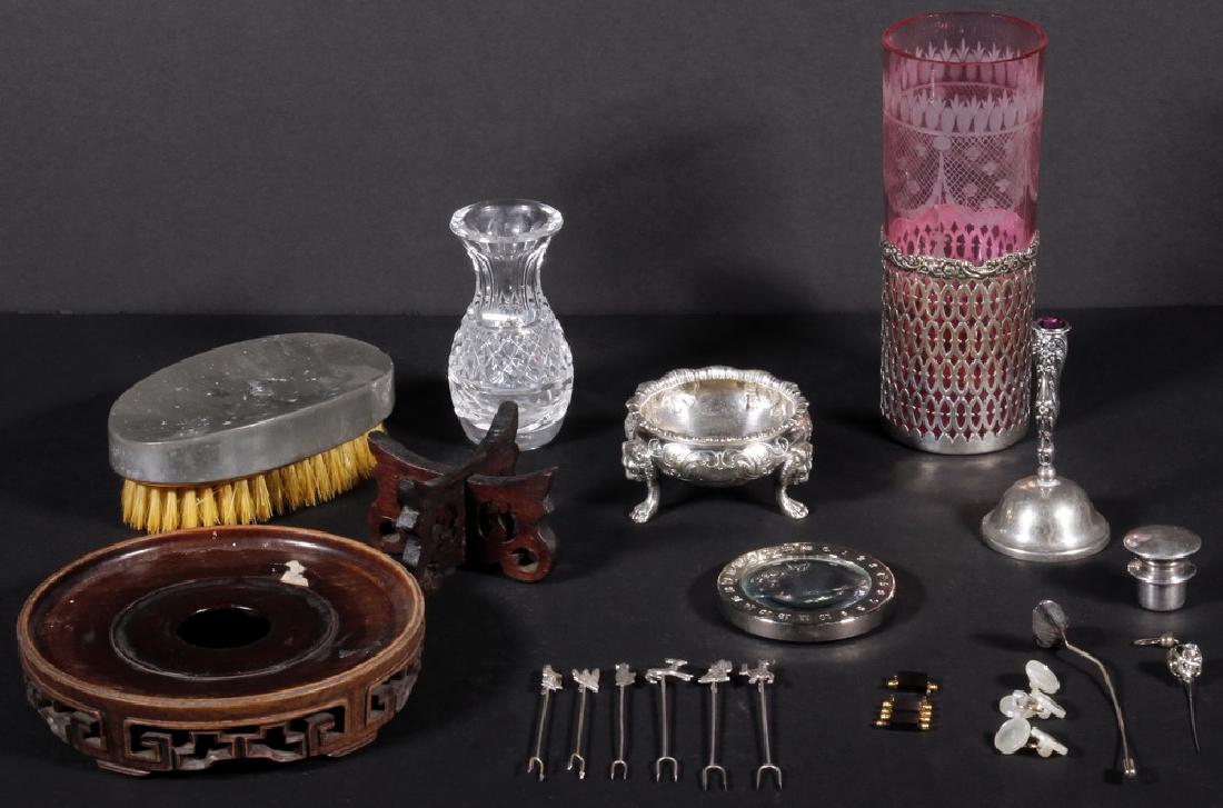 (14) MISC GLASS & METAL ITEMS: (14) Piece Lot of Assorted Small Accessories, including: Cut crystal bud vase, 20th c., with diamond cuts and star cut base, 3 3/4" high, cloudy interior near base; Bohemian etched glass tumbler in re