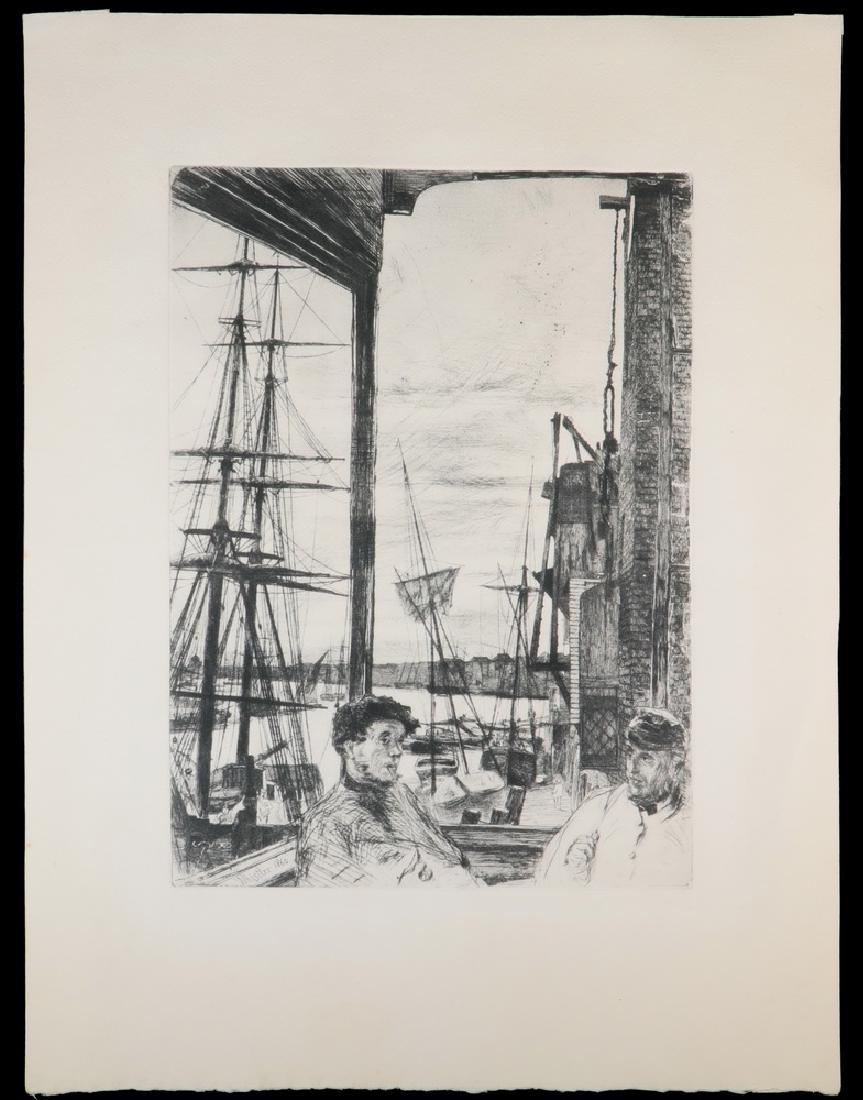 JAMES MCNEILL WHISTLER: "Rotherhithe" from the "Thames Set", 1860, etching and drypoint, signed in plate, ; this is a 20th c. re-strike from the original plate, on 16" x 12" sheet, 10 3/4" x 7 3/4" impression, bends and dimp