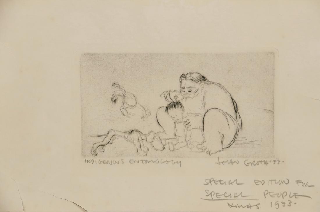 ETCHING: 'Indigenous Entomology', signed lr in pencil 'John Groth '33', inscribed 'Special Edition for Special People Xmas 1933. 9 1/2" x 11 3/4". Tears, losses lower left but pieces present, toned. Provenance
