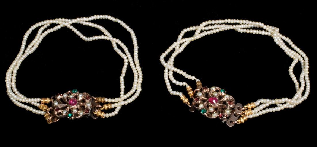 PR PEARL BRACELETS: Pair of Handmade Victorian14K Rose Gold Fine Seed Pearl Bracelets c. 1860, clasp set with ruby, pearl and emerald, can be used as a choker, each 6 1/2" long, 1/2" wide, assembled 12 1/2" long.