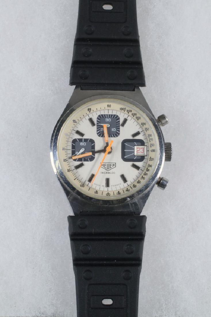 GENT'S WRISTWATCH: Vintage Tag Heuer Incabloc Wristwatch with date, ETANCHE 5 BARS on back, anti-magnetic chronometer, serial #79574. Recently serviced, with new black rubber band.