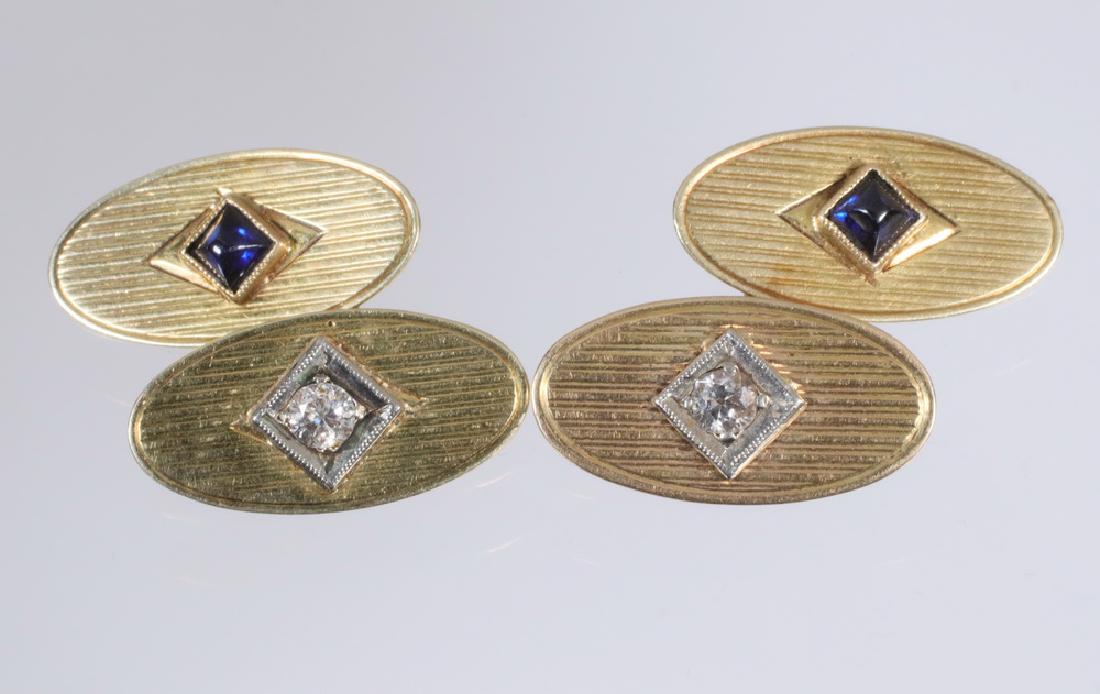 CUFFLINKS: Pair of Cufflinks, c. 1920, 14K yellow gold with oval head each set with a diamond and square blue sapphire, 3/4" L, 4.1dwt.