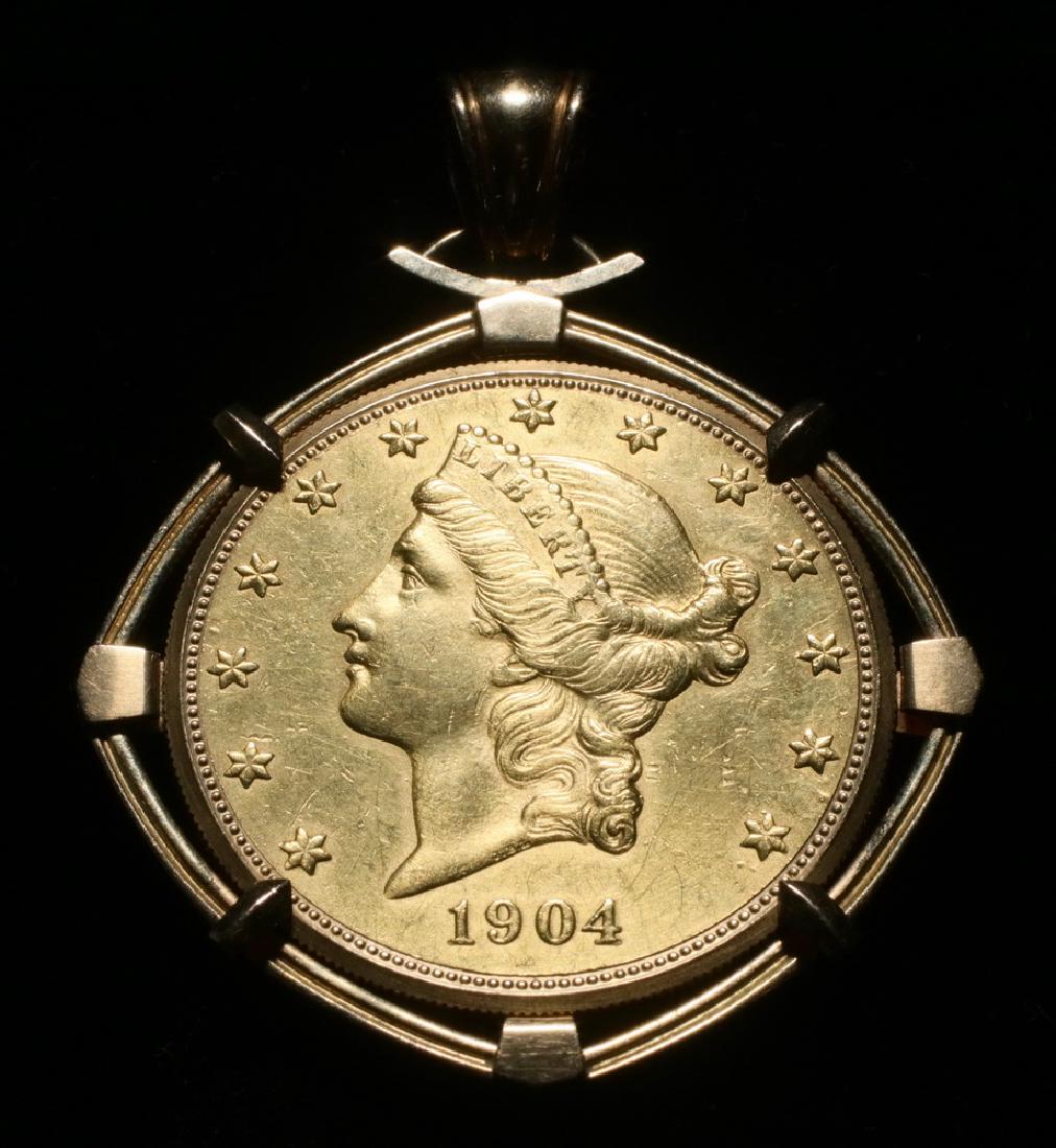 COIN PENDANT FORM WATCH: 1904 $20 Liberty Head Coin Pendant Watch, set in 18K yellow gold, push button side latch, watch and Swiss movement by V. Bueche Girod, Bienne, Swiss gold hallmark to back of watch case, 2" x 1 1/8", 2