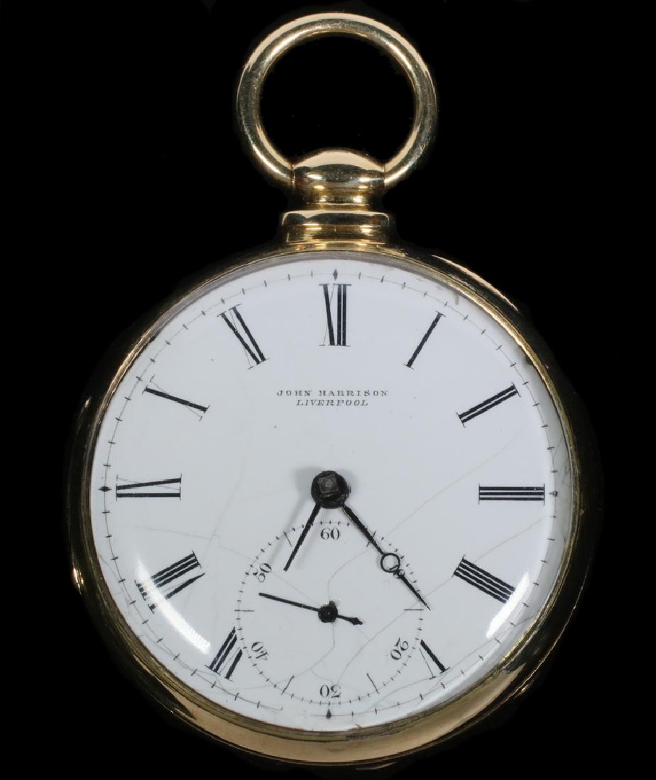 GENT'S POCKET WATCH: Mid-19th c. English Key Wind Open Face Pocket Watch in 18K yellow gold by John Harrison, Liverpool (worked 1824-1851), sn 25087, white enamel face with Roman numerals, secondary seconds dial, fusee mo