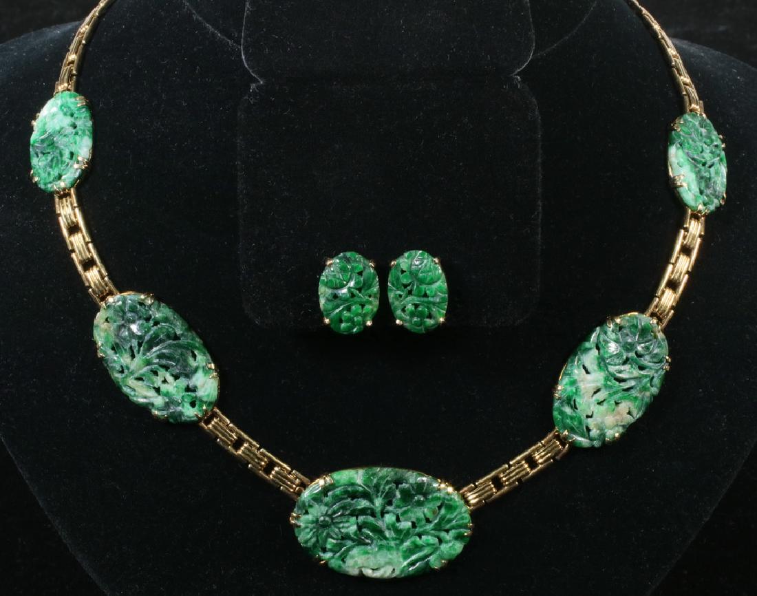 (2 PC) JEWELRY SUITE: Vintage Floral Necklace with carved green oval jadeite panels set in 14K yellow gold, with matching omega back earrings. Necklace measures 14" long, earrings measure 3/4" long.